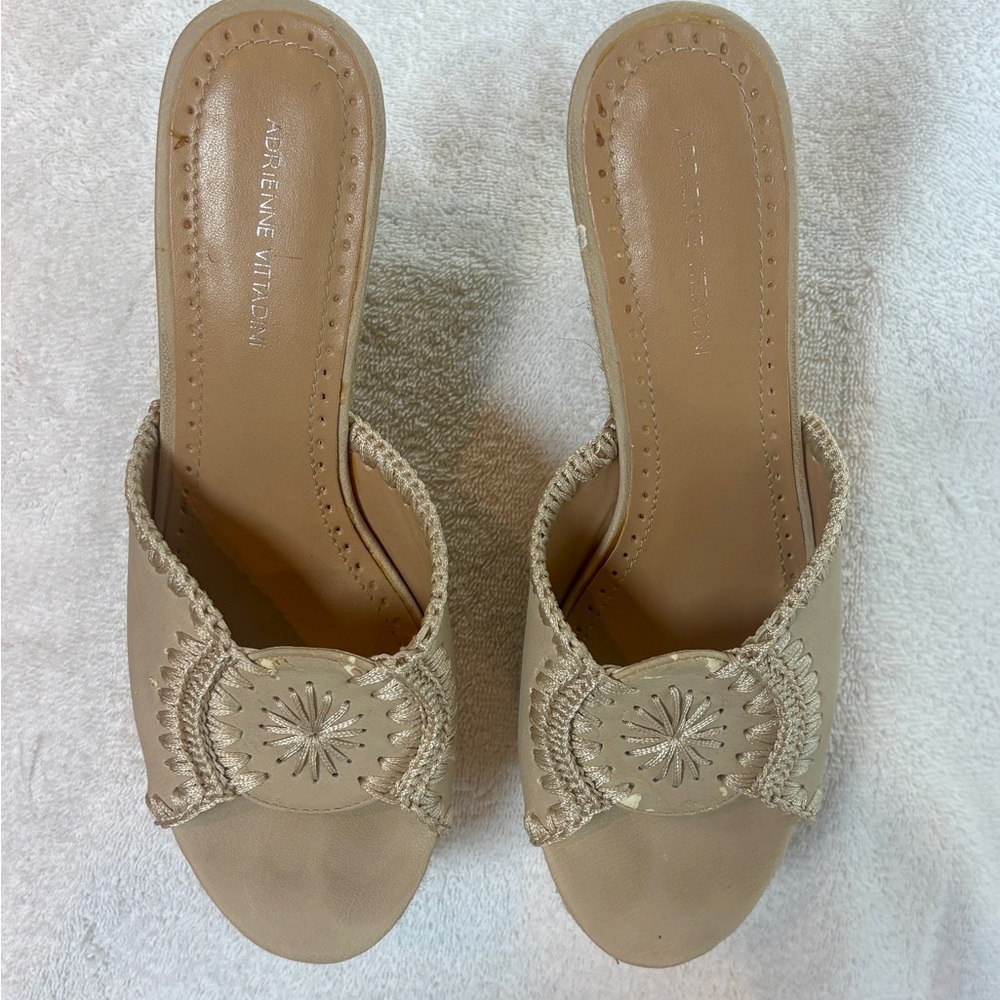 Adrianna Vittadini Cream Embroidered Wedge Sandals – 4.25” Heel